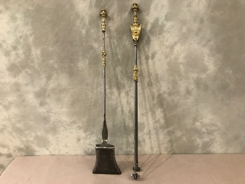 Set of an iron and bronze shovel and tongs, 19th century