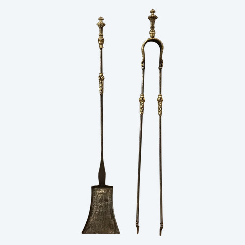 Set of an iron and bronze shovel and tongs, 19th century