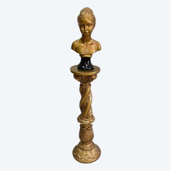  Bust of a Girl and Twisted Column, in Golden Plaster - 1900 - 1920