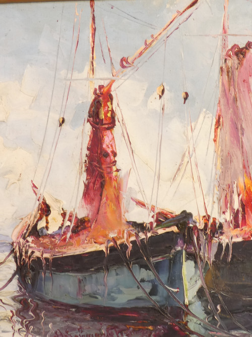 Olio su tela di A.SALOMON LE TROPEZIEN "Les Tartanes de Saint-Tropez" (Le tartane di Saint-Tropez)