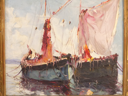 Olio su tela di A.SALOMON LE TROPEZIEN "Les Tartanes de Saint-Tropez" (Le tartane di Saint-Tropez)
