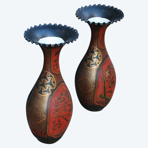 Pair Of Large Vases In Black Gold And Red Lacquered Porcelain XIX