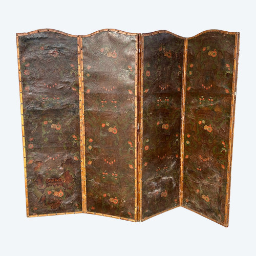 Large Four Leaf Cordovan Leather Screen Late 18th Century H 188 Cm