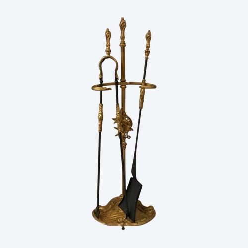 Beau serviteur de cheminée ancien en bronze d'époque 19 ème de style Louis XV 