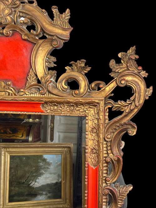 LARGE ANCIENT MIRROR IN GILDED AND PAINTED SCULPTED WOOD ITALIAN STYLE 18th century