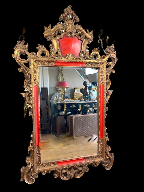 LARGE ANCIENT MIRROR IN GILDED AND PAINTED SCULPTED WOOD ITALIAN STYLE 18th century