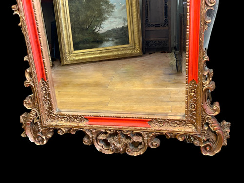 LARGE ANCIENT MIRROR IN GILDED AND PAINTED SCULPTED WOOD ITALIAN STYLE 18th century