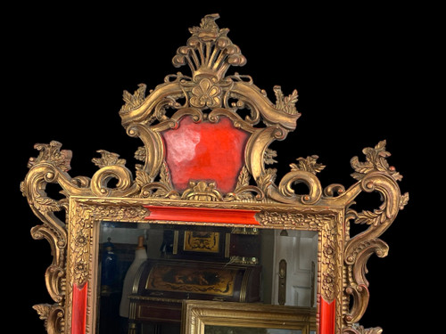 LARGE ANCIENT MIRROR IN GILDED AND PAINTED SCULPTED WOOD ITALIAN STYLE 18th century