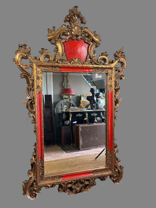 LARGE ANCIENT MIRROR IN GILDED AND PAINTED SCULPTED WOOD ITALIAN STYLE 18th century
