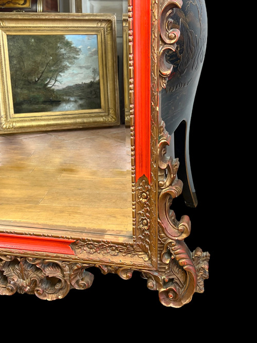 LARGE ANCIENT MIRROR IN GILDED AND PAINTED SCULPTED WOOD ITALIAN STYLE 18th century