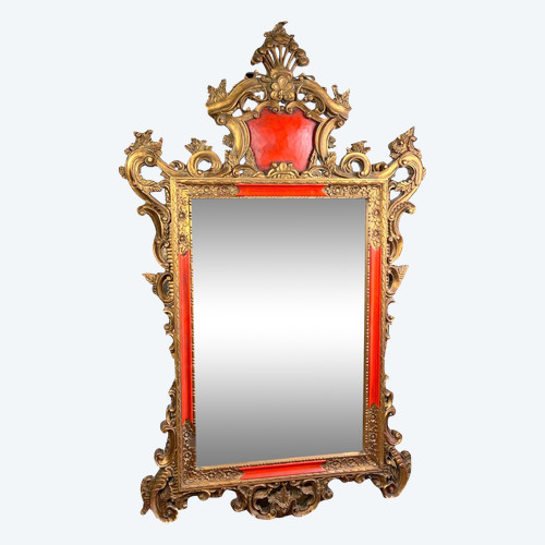 LARGE ANCIENT MIRROR IN GILDED AND PAINTED SCULPTED WOOD ITALIAN STYLE 18th century