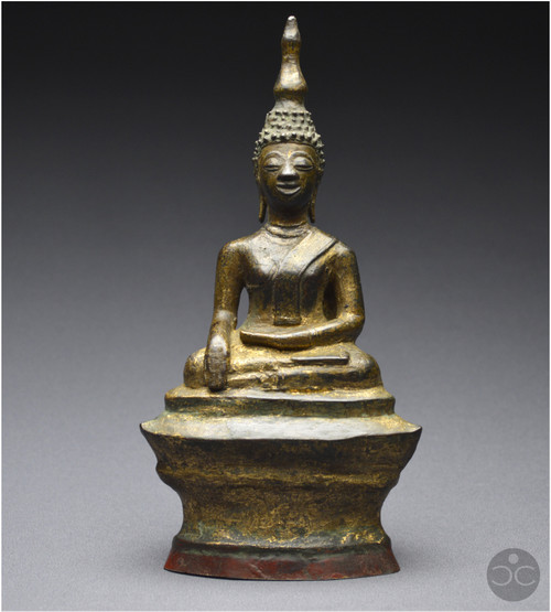 Laos, 18th century, Buddha in bumisparsha mudra position, Old lacquered and gilded bronze
