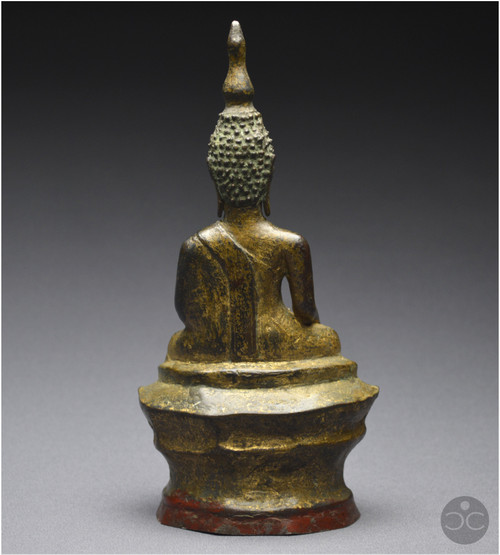 Laos, 18th century, Buddha in bumisparsha mudra position, Old lacquered and gilded bronze