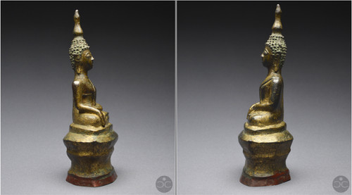 Laos, 18th century, Buddha in bumisparsha mudra position, Old lacquered and gilded bronze