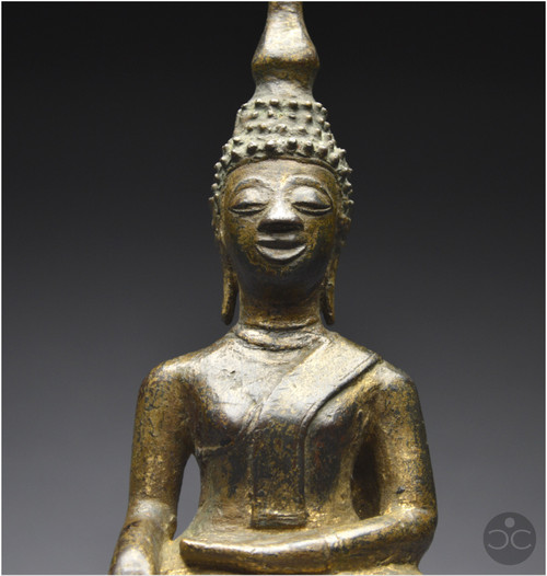 Laos, 18th century, Buddha in bumisparsha mudra position, Old lacquered and gilded bronze