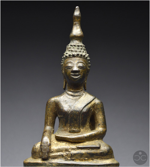 Laos, 18th century, Buddha in bumisparsha mudra position, Old lacquered and gilded bronze
