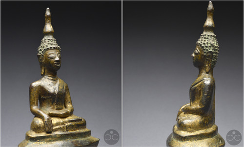 Laos, 18th century, Buddha in bumisparsha mudra position, Old lacquered and gilded bronze