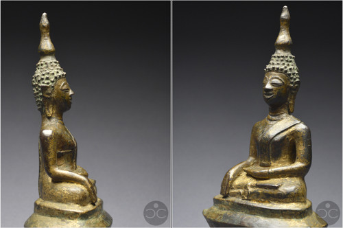 Laos, 18th century, Buddha in bumisparsha mudra position, Old lacquered and gilded bronze