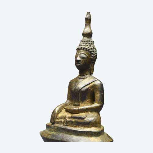 Laos, 18th century, Buddha in bumisparsha mudra position, Old lacquered and gilded bronze