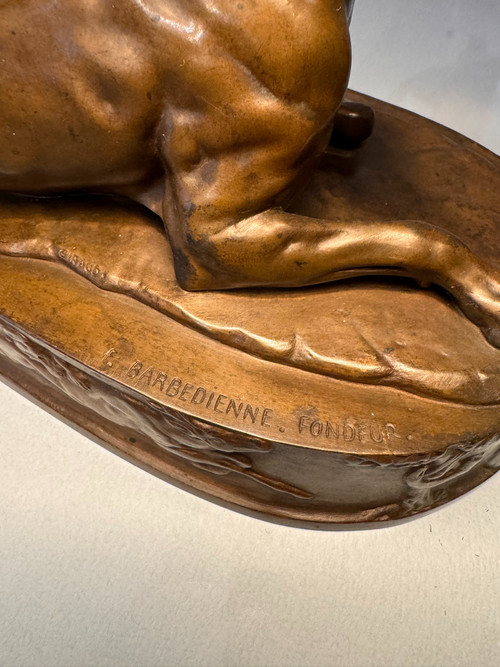 Grégoire GIRAUD. Cane reclinato in bronzo F. Barbedienne