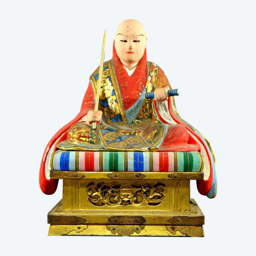 Japan, Early 20th Century, Wooden And Polychrome Plaster Statue Of The Nichiren Monk Shonin.