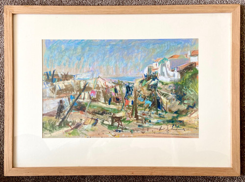 Du Janerand (Daniel), französischer Maler (1919–1990), Pastelldorf an der Mittelmeerküste.