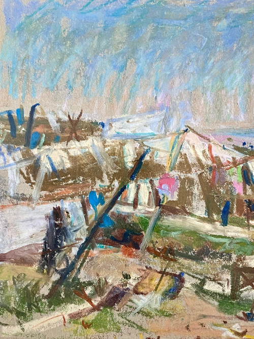 Du Janerand (Daniel), französischer Maler (1919–1990), Pastelldorf an der Mittelmeerküste.