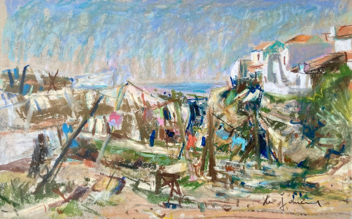 Du Janerand (Daniel), französischer Maler (1919–1990), Pastelldorf an der Mittelmeerküste.