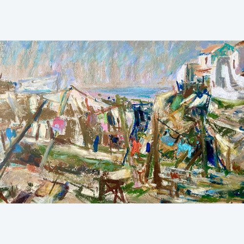 Du Janerand (Daniel), Peintre Français (1919-1990), Pastel Village Sur La Côte Méditérannéenne.