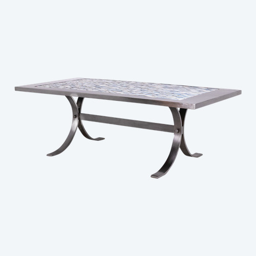 Dining room table in polished metal and ceramic. 1970s.