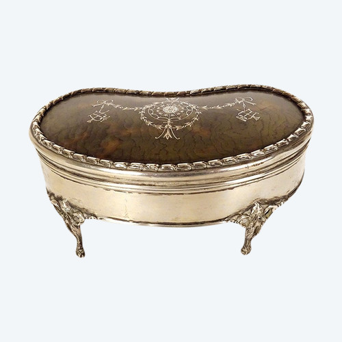 Kidney Jewelry Box Sterling Silver English London 1911 tortoiseshell 20th