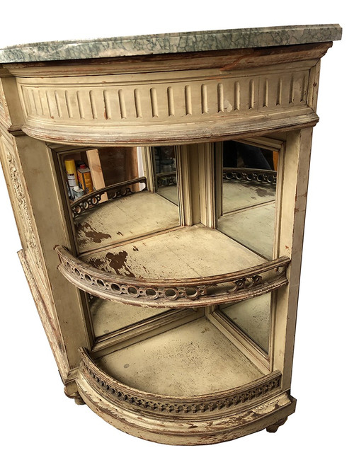 Louis XVI style half-moon low sideboard in gray lacquered wood and marble top