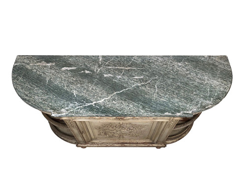 Louis XVI style half-moon low sideboard in gray lacquered wood and marble top
