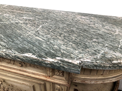 Louis XVI style half-moon low sideboard in gray lacquered wood and marble top