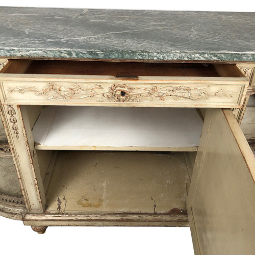 Louis XVI style half-moon low sideboard in gray lacquered wood and marble top