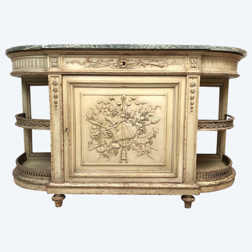 Louis XVI style half-moon low sideboard in gray lacquered wood and marble top