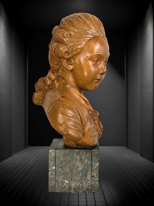 BUSTO DI BAMBINO SECONDO SOGGETTO "PAJOU" IN TERRACOTTA SU BASE IN MARMO
