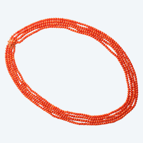 Collier sautoir perles corail multi-rangs avec un fermoir en or 18k, collier de perles, bijou d'été
