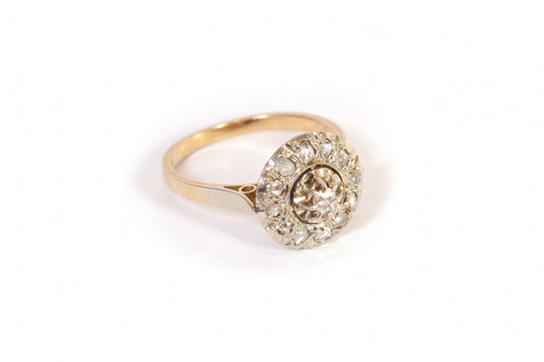 Circular diamond ring in platinum and 18k gold, Retro art Deco Ring, rose cut diamond, antique jewel
