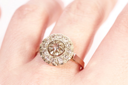 Circular diamond ring in platinum and 18k gold, Retro art Deco Ring, rose cut diamond, antique jewel