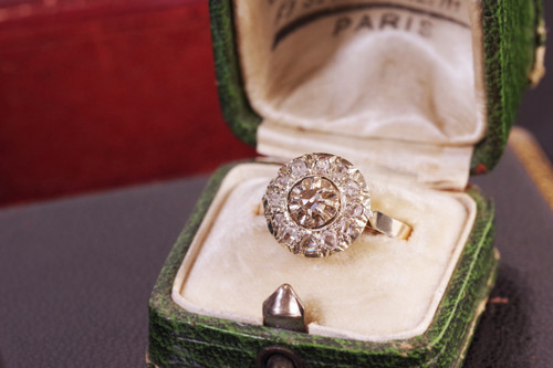Circular diamond ring in platinum and 18k gold, Retro art Deco Ring, rose cut diamond, antique jewel