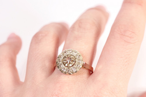 Circular diamond ring in platinum and 18k gold, Retro art Deco Ring, rose cut diamond, antique jewel