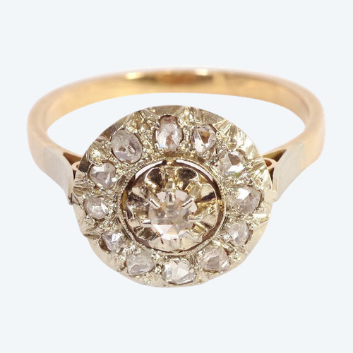 Circular diamond ring in platinum and 18k gold, Retro art Deco Ring, rose cut diamond, antique jewel