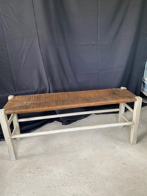 Banc ( de cheminée) datant du 18e siècle assise paillée et boiseries patinée 