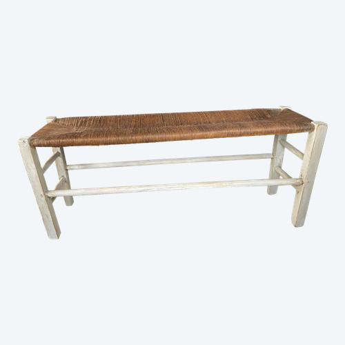 Banc ( de cheminée) datant du 18e siècle assise paillée et boiseries patinée 