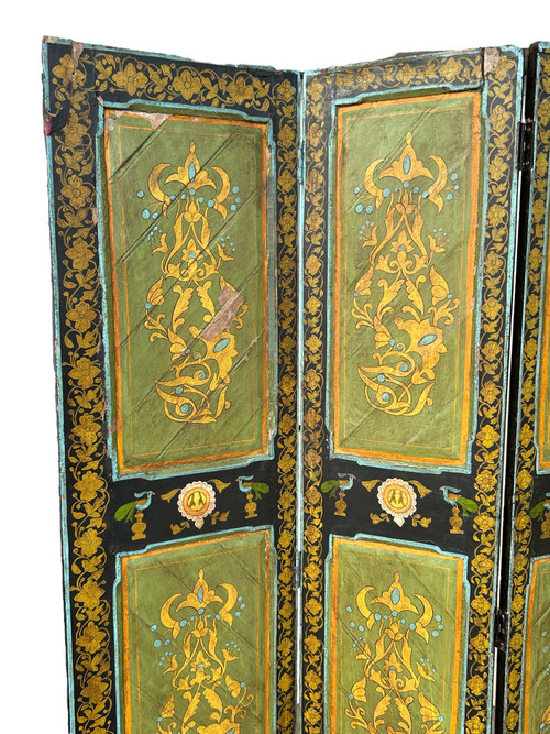 Paravento in Legno Dipinto India XIX Secolo H 206 X L 171 Cm