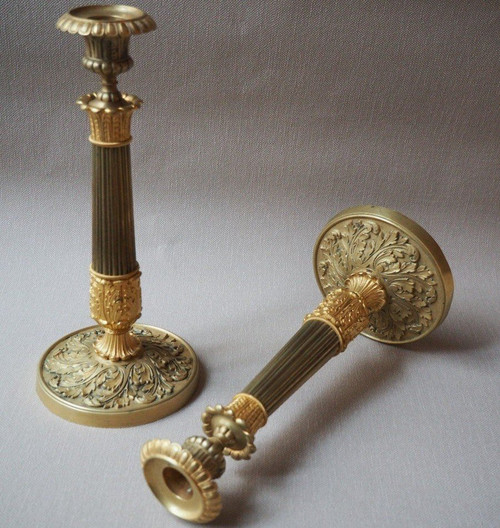 Large torches or candlesticks - Double patina and foliage decoration - Charles X period
