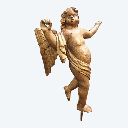 Polychrome And Gilded Wood Carved Winged Angel.