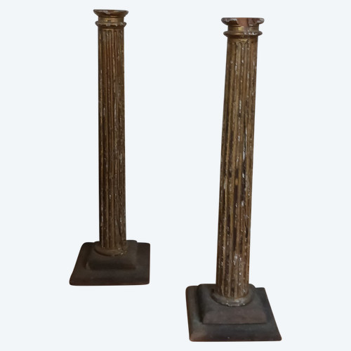 18th century - pair of neoclassical columns or sellettes - fluted decor - gilded wood - girdle