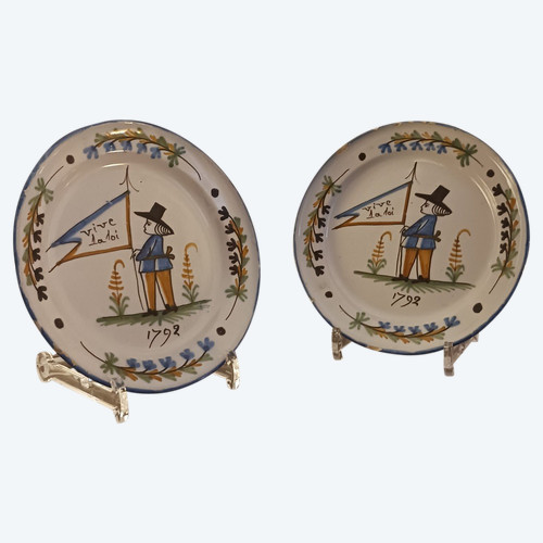 Roanne factory of Sébastien Nicolas - pair of earthenware plates with revolutionary decor - captioned and dated